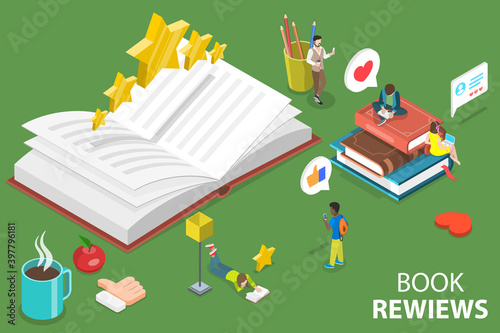 3D Isometric Flat Vector Conceptual Illustration of Literature Reviews, Book Readers Feedback.
