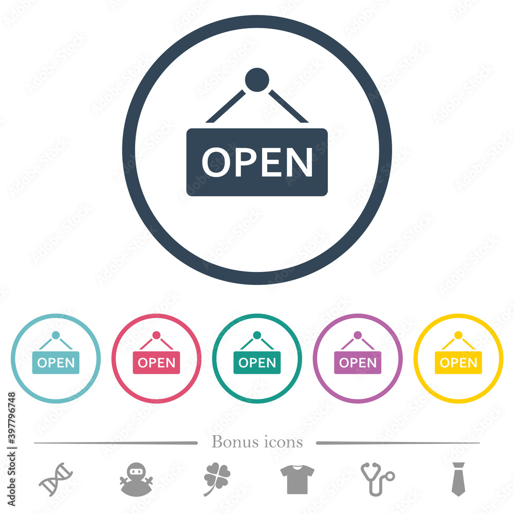 Hanging open sign flat color icons in round outlines Hanging open sign flat color icons in round outlines