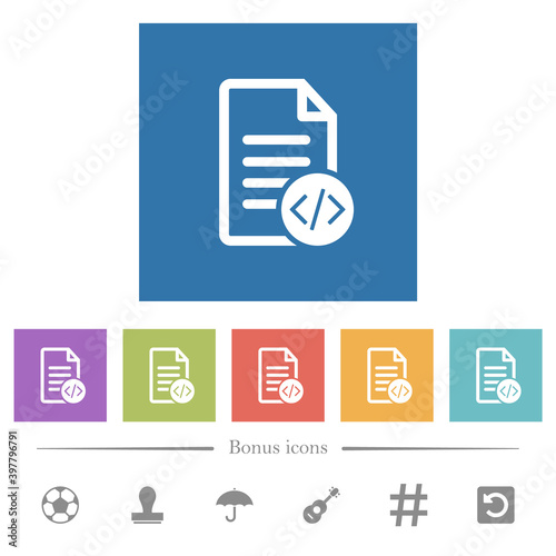 Source code document flat white icons in square backgrounds