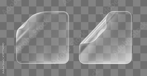 Transparent glued square stickers with curled corners mock up set. Blank adhesive paper or plastic sticker label with curled effect. Template label tags close up. 3d realistic vector icon