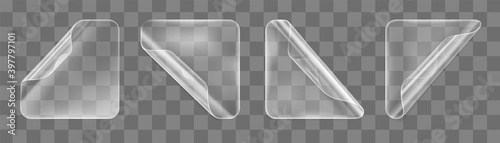Transparent glued square stickers with curled corners mock up set. Blank adhesive paper or plastic sticker label with curled effect. Template label tags close up. 3d realistic vector icon