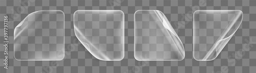 Transparent glued square stickers with curled corners mock up set. Blank adhesive paper or plastic sticker label with curled effect. Template label tags close up. 3d realistic vector icon