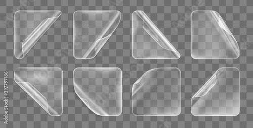 Transparent glued square stickers with curled corners mock up set. Blank adhesive paper or plastic sticker label with curled effect. Template label tags close up. 3d realistic vector icon