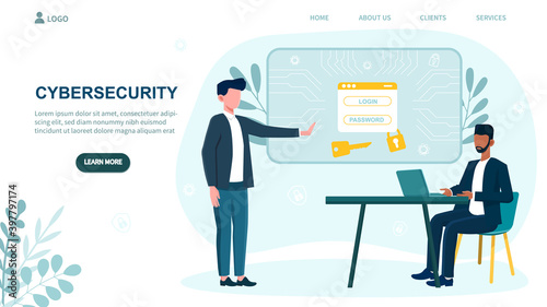 Caucasian man warning black colleague about cybersecurity. Concept of protecting your data and files from cyber atack. Password and login security. Website, web page, landing page template