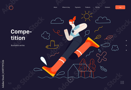 Business topics -competition, web template. Flat style modern outlined vector concept illustration. Runner -a girl running in the park -ginger young woman with headphones and phone. Business metaphor.