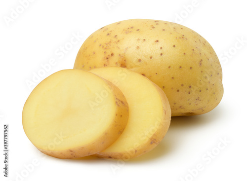 Potato and potato slices isolated on white background,with clipping path.