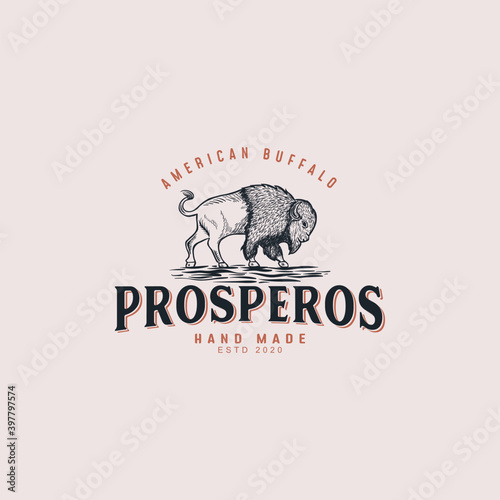 Hand Drawn Bison Vintage Logo Design Illustration.Bison Vintage Logo Template