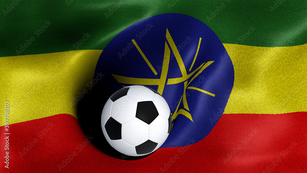 Fototapeta premium 3D rendering of the flag of Ethiopia with a soccer ball