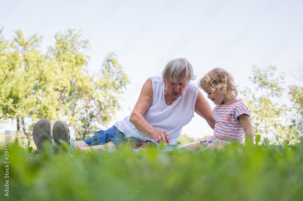 Fototapeta premium Grandmother with her grandaughter casually sitting on a blanket reading and talking in a park.