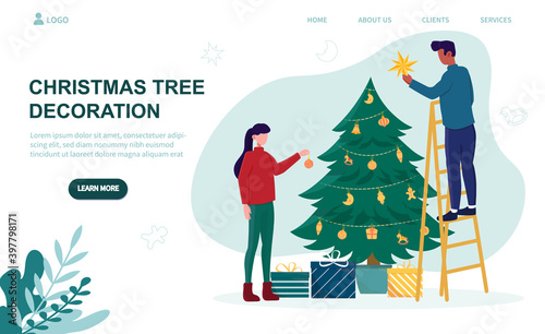 Multiracial members of family decorating christmas tree. Concept of preparing for the winter holidays and setting festive mood. Website, web page, landing page template