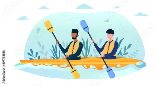 Two multiracial friends in yellow life vest going kayak. Concept of summer ocean activities. Water sport  vacation on the beach. Flat cartoon vector illustration