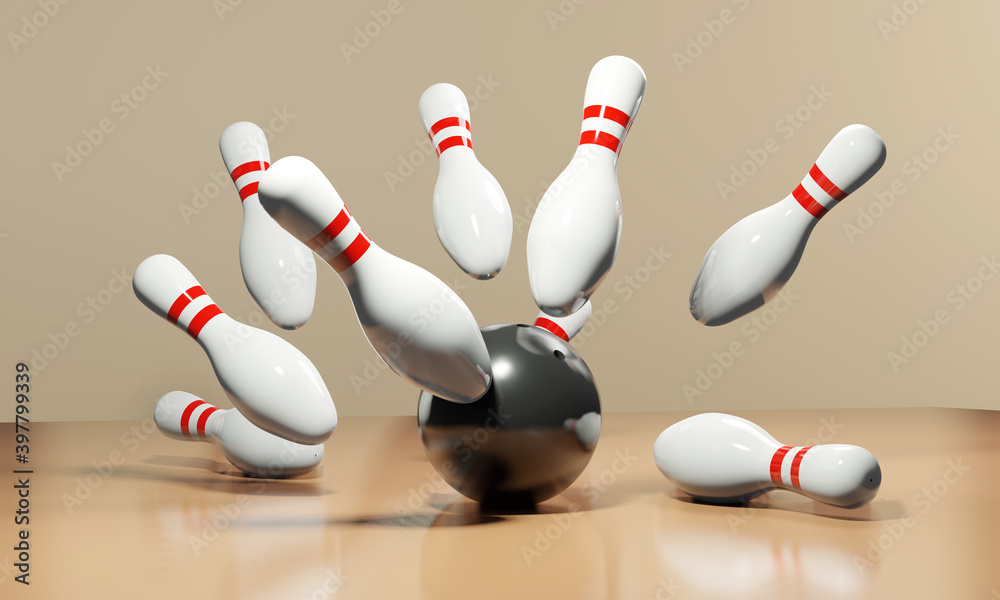 Bowling strike concept, explosion pin. 3d rendering. Bowling strike concept, explosion pin. 3d rendering.