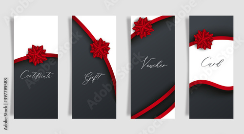 Set of luxury black card with red gift bow with ribbon.