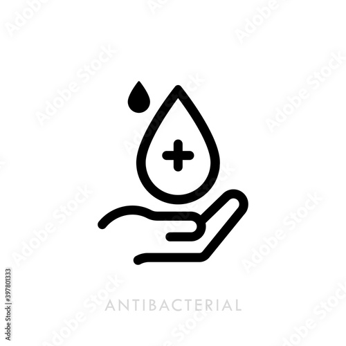 Antibacterial soap icon. Antiseptic icon. Hand with drop. Hygiene product icon. Vector illustration