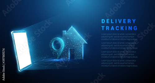 Abstract blue mobile phone with pin icon and house
