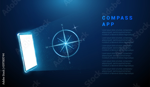 Abstract blue mobile phone with white screen and compass