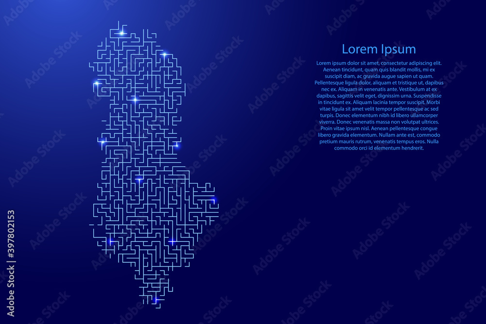 Albania map from blue pattern of the maze grid and glowing space stars grid. Vector illustration.
