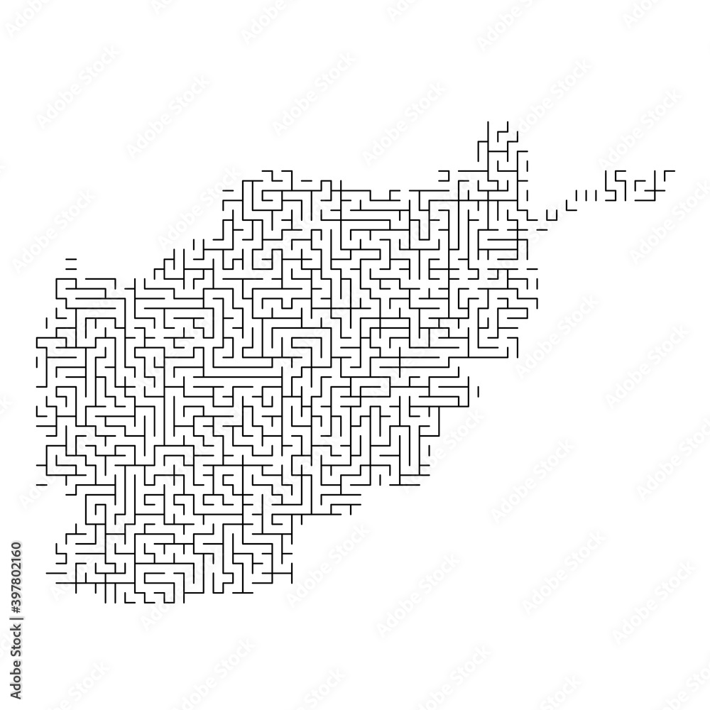 Afghanistan map from black pattern of the maze grid. Vector illustration.