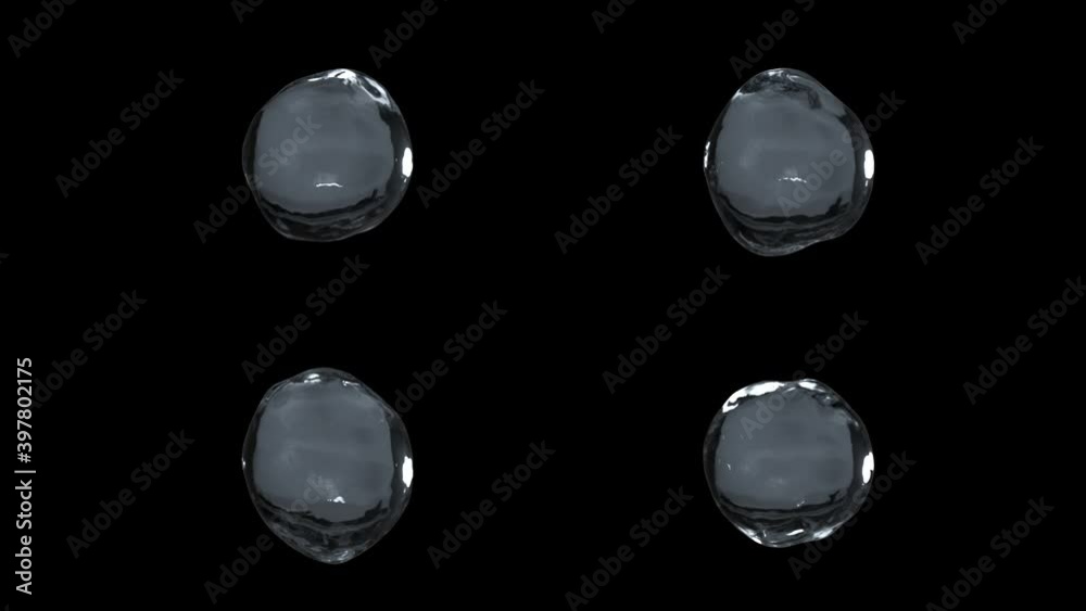 Four shapes of crystal clear water drops, glittering raindrops or teardrops, realistic 3D rendering animation