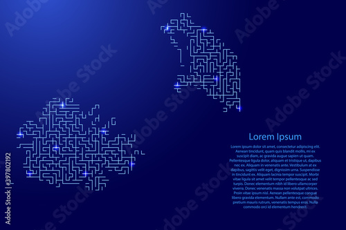 Antigua and Barbuda map from blue pattern of the maze grid and glowing space stars grid. Vector illustration.