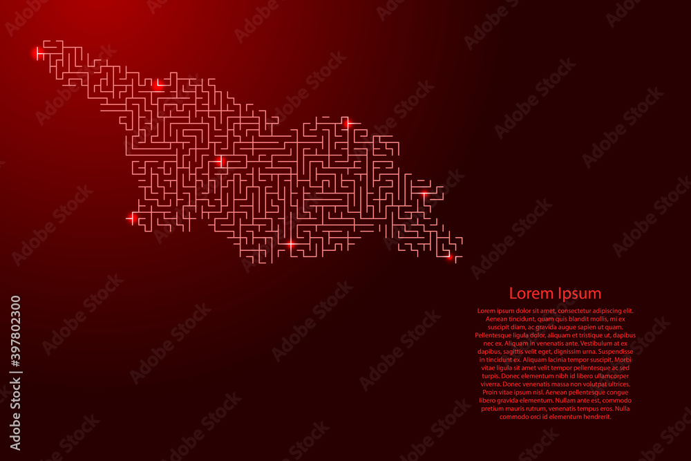 Georgia map from red pattern of the maze grid and glowing space stars grid. Vector illustration.