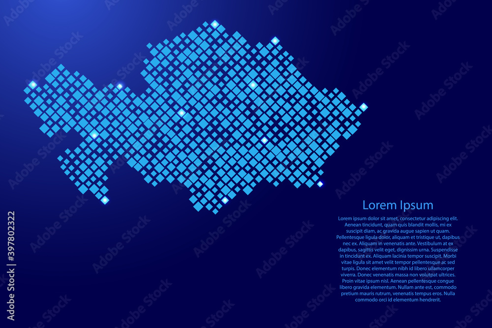 Kazakhstan map from blue pattern rhombuses of different sizes and glowing space stars grid. Vector illustration.
