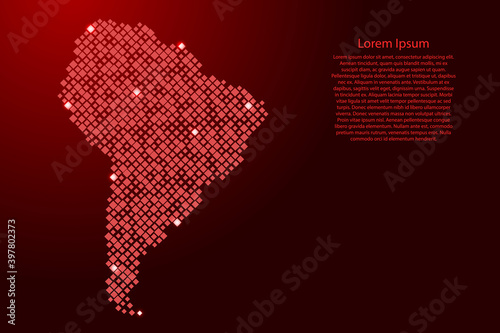South America mainland map from red pattern rhombuses of different sizes and glowing space stars grid. Vector illustration.