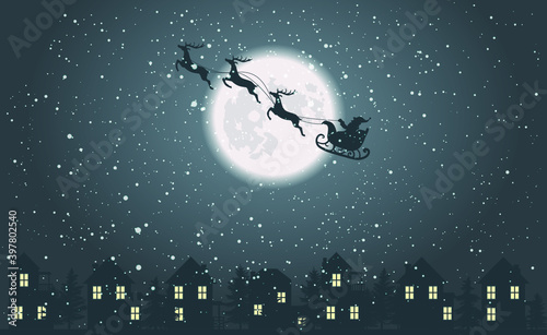 Santa Claus on sleigh flying over the sleeping city at Christmas night, vector xmas illustration, snow and full moon