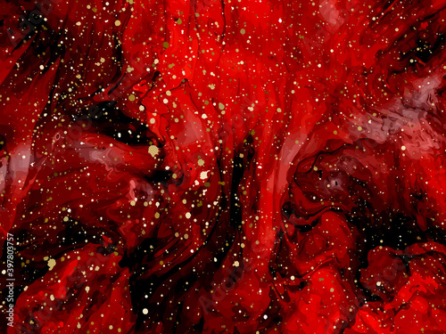 Red marbling with natural luxury style lines of marble and gold powder. Vector. Abstract painting, background for wallpapers, posters, cards, invitations, websites.