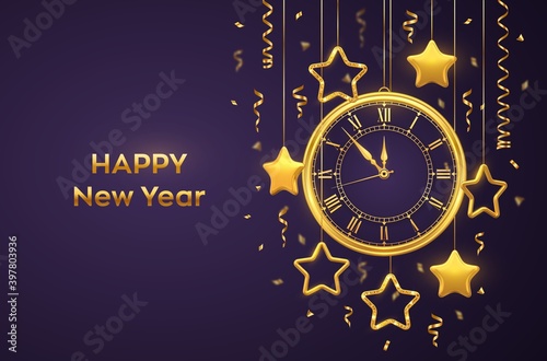 Happy New Year 2021. Golden shiny watch with Roman numeral and countdown midnight, eve for New Year. Purple background with shining gold stars. Merry Christmas. Xmas holiday. Vector illustration.