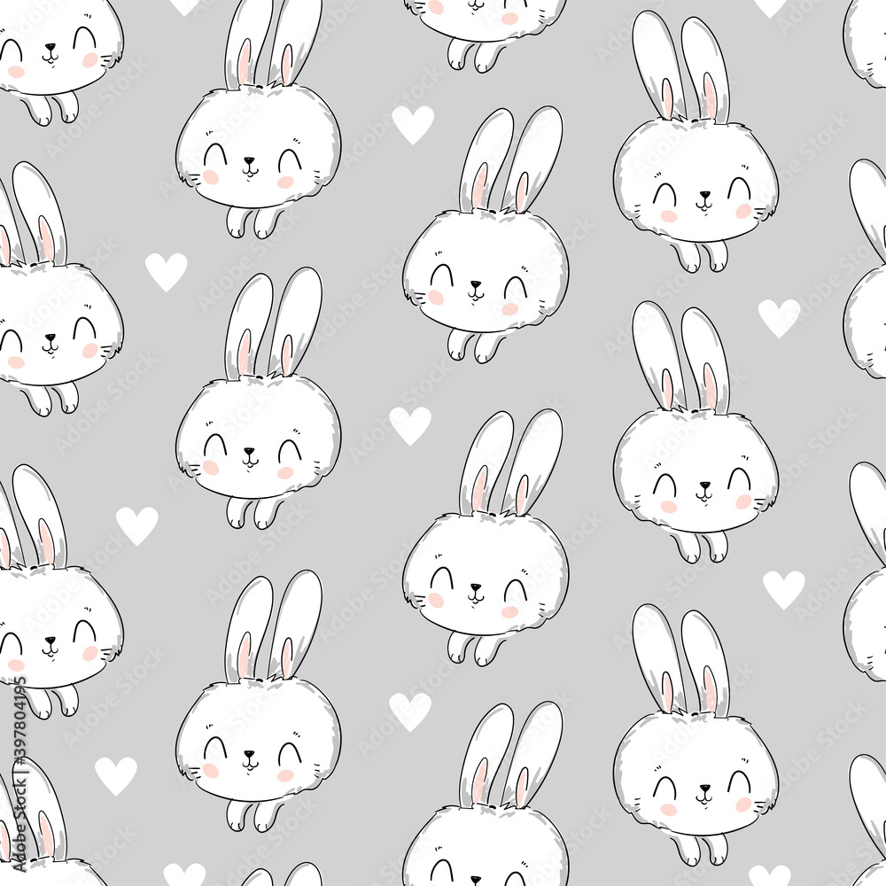 Seamless pattern rabbit and heart hand drawn bunny print design rabbit background vector print design textile for kids fashion.