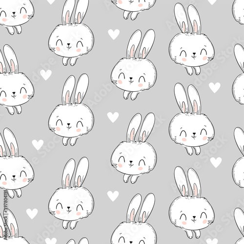 Seamless pattern rabbit and heart hand drawn bunny print design rabbit background vector print design textile for kids fashion.