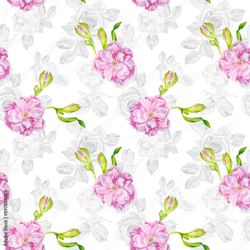 Pink flowers. Seamless watercolor floral pattern.
