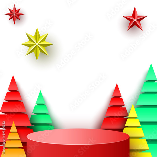 Christmas red round podium with stars and paper trees. Exhibition stand. Pedestal. Vector illustration.