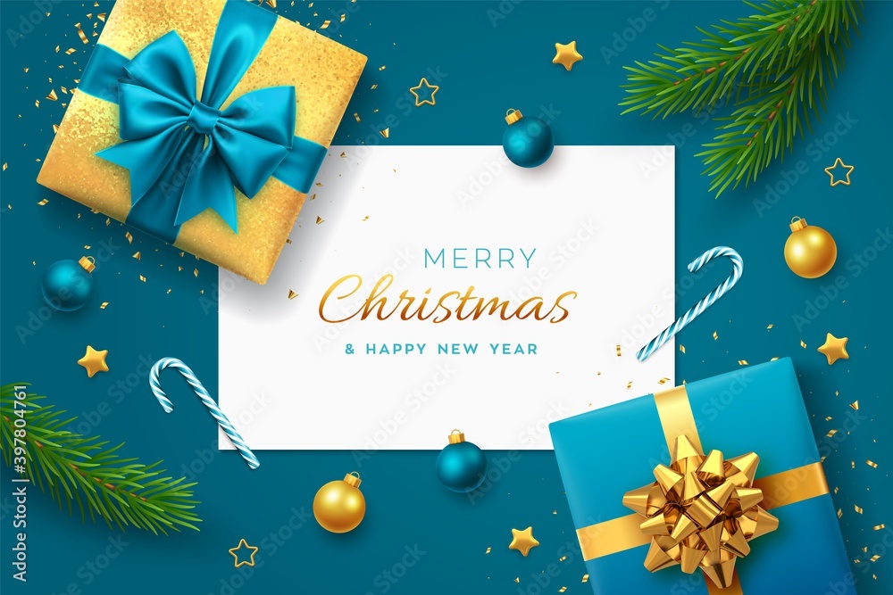 Christmas blue background with square paper banner, realistic gift boxes with blue and golden bows, pine branches, gold stars and glitter confetti, balls bauble. Xmas greeting cards. Vector. EPS10.