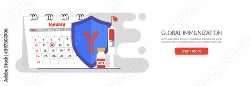 Vaccination concept. Landing page template, banner, icon. Modern, global immunization concept for web design with syringe, vaccine, bottle, antibodies and virus. Flat vector illustration