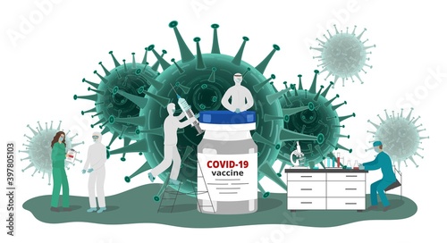 Covid-19 coronavirus vaccine bottle with people characters scientists and doctors in research medical laboratory. Scene with viruses on banner. Vector illustration