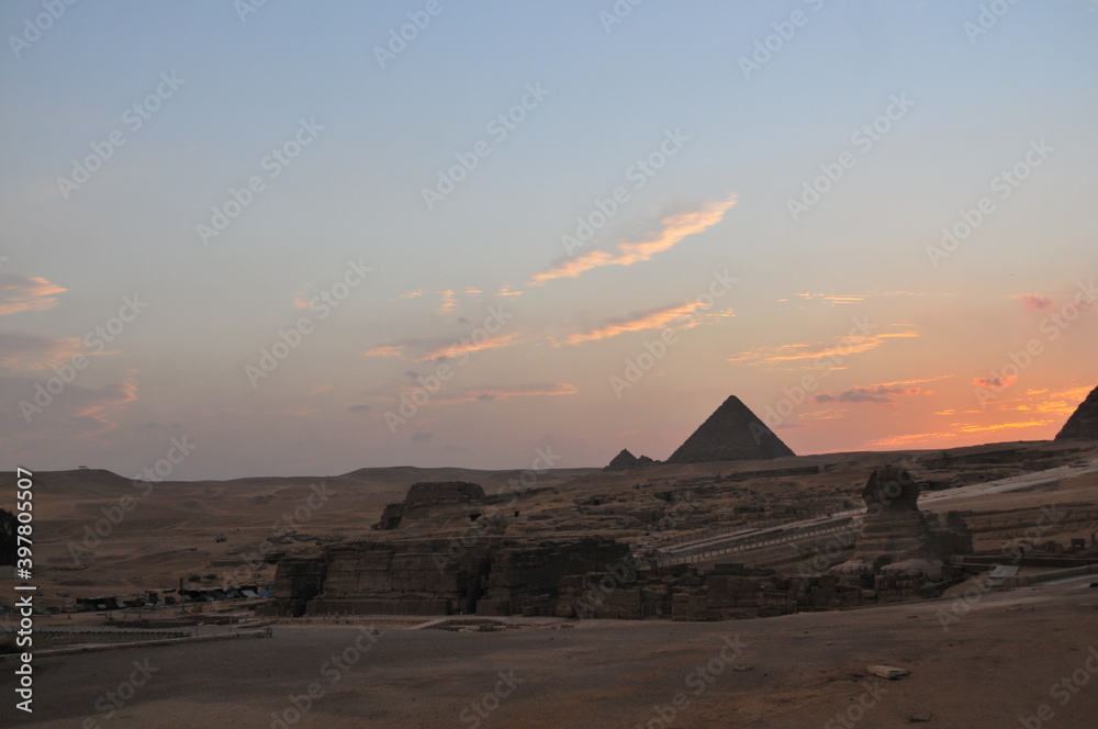 Sunset over the Pyramids of Gizah, Egypt