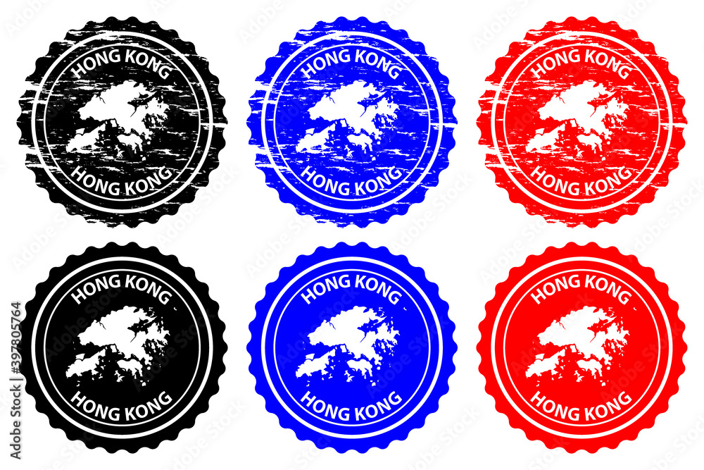 Hong Kong - rubber stamp - vector, Hong Kong Special Administrative Region of the People's Republic of China map pattern - sticker - black, blue and red