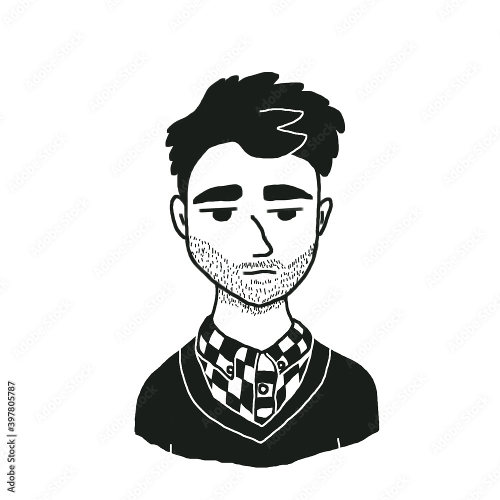 black and white portrait of a man in a checkered shirt. young man with black hair and stubble. A man in black clothes. Black and white drawing. black and white portrait of a man in a checkered shirt. young man with black hair and stubble. A man in black clothes. Black and white drawing.