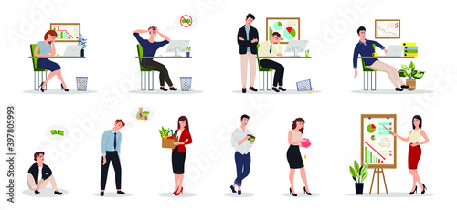 Concept of global financial crisis, business failure, economy crash, bankruptcy. Business fail. Lossing managers bad management processes failed paperwork low graphs and indicators