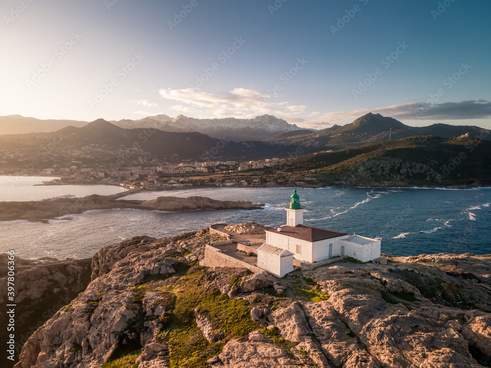 Aerial view of lighthouse at Ile Rousse in Corsica