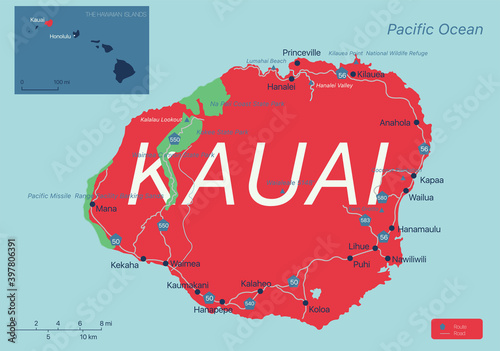 Kauai island detailed editable map with cities and towns, geographic sites, roads, interstates and U.S. highways. Vector EPS-10 file, trending color scheme