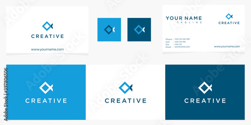 creative simple of fish square icon logo business card template
