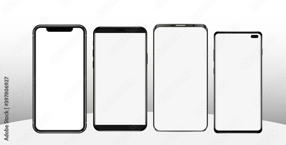 Realistic mobile phone mockup. Device set with modern thin frame and blank screen on transparent backgtound. 3d Smartphone mockup for show your app design. Front view of cellular display. Realistic mobile phone mockup. Device set with modern thin frame and blank screen on transparent backgtound. 3d Smartphone mockup for show your app design. Front view of cellular display.