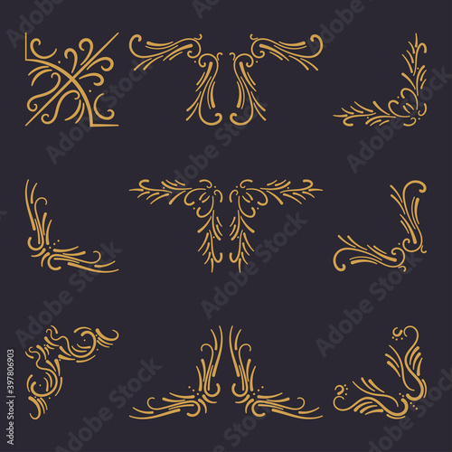Vintage golden corner, border, frame and ornament element vector set isolated on a black background.