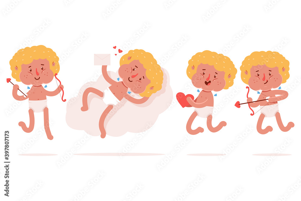 Cute cartoon cupids characters vector set isolated on a white background. Cute cartoon cupids characters vector set isolated on a white background.