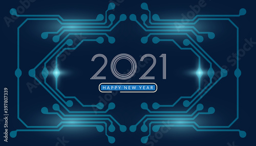 2021. Happy new year 2021 text design with circuit board technology background
