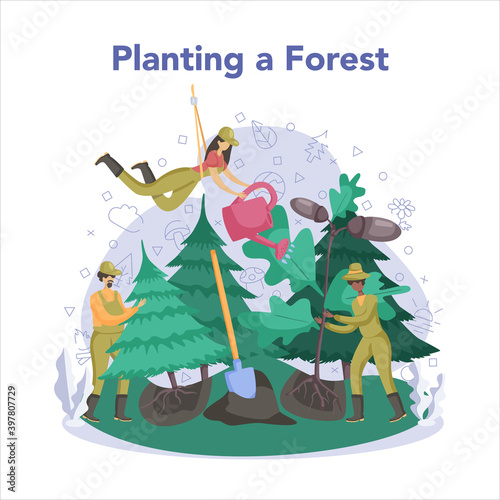 Forester concept. Wood protection and rehabilitation. Forest