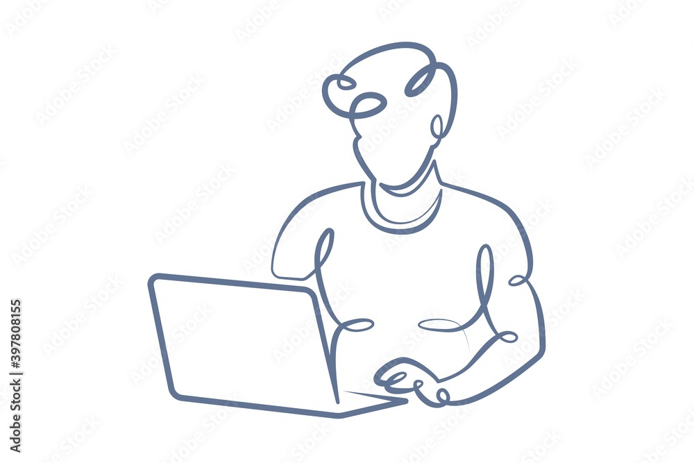 Portrait of a working man at a computer laptop. One line continuous thick bold single drawn art doodle isolated hand drawn outline logo illustration.